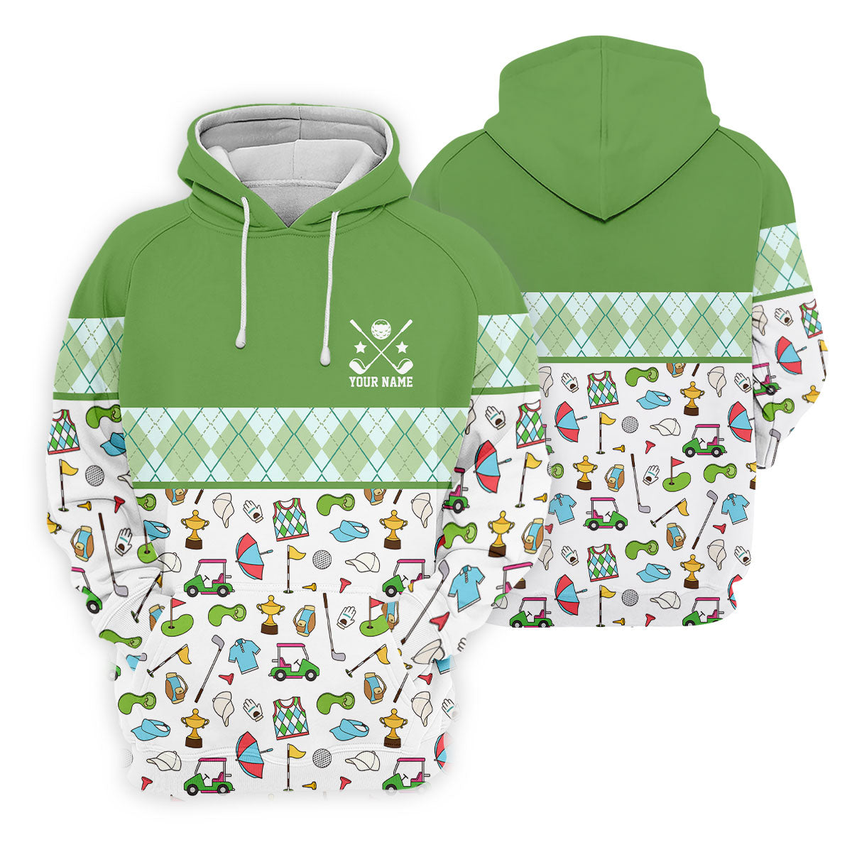 Custom Name Green Argyle Golf Icons Pattern Golf Shirt, Women’s Golf Polo, Golf Tops For Women, Printed Golf Shirt