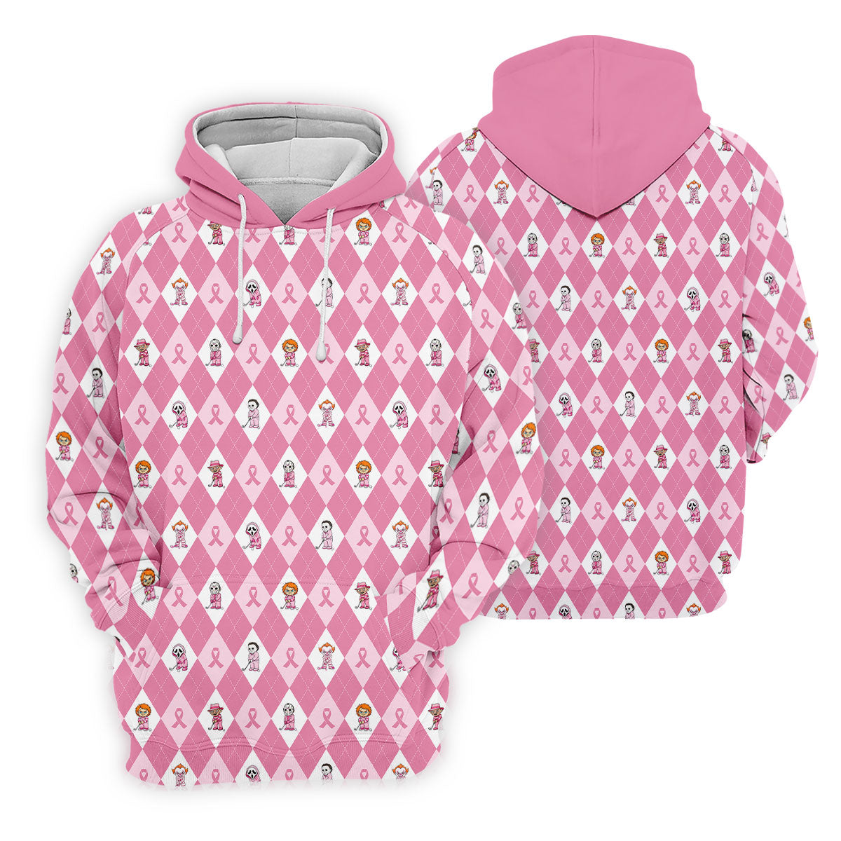 Pink Argyle Horror Character Breast Cancer Polo Shirt, Women's Golf Polo, Golf Tops For Women