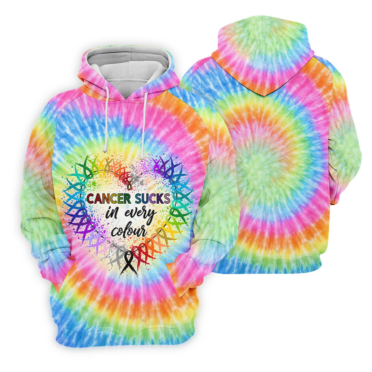 Cancer Sucks In Every Colour Tie Dye Ribbon Polo Shirt, Ladies Golf Tops, Printed Golf Shirt