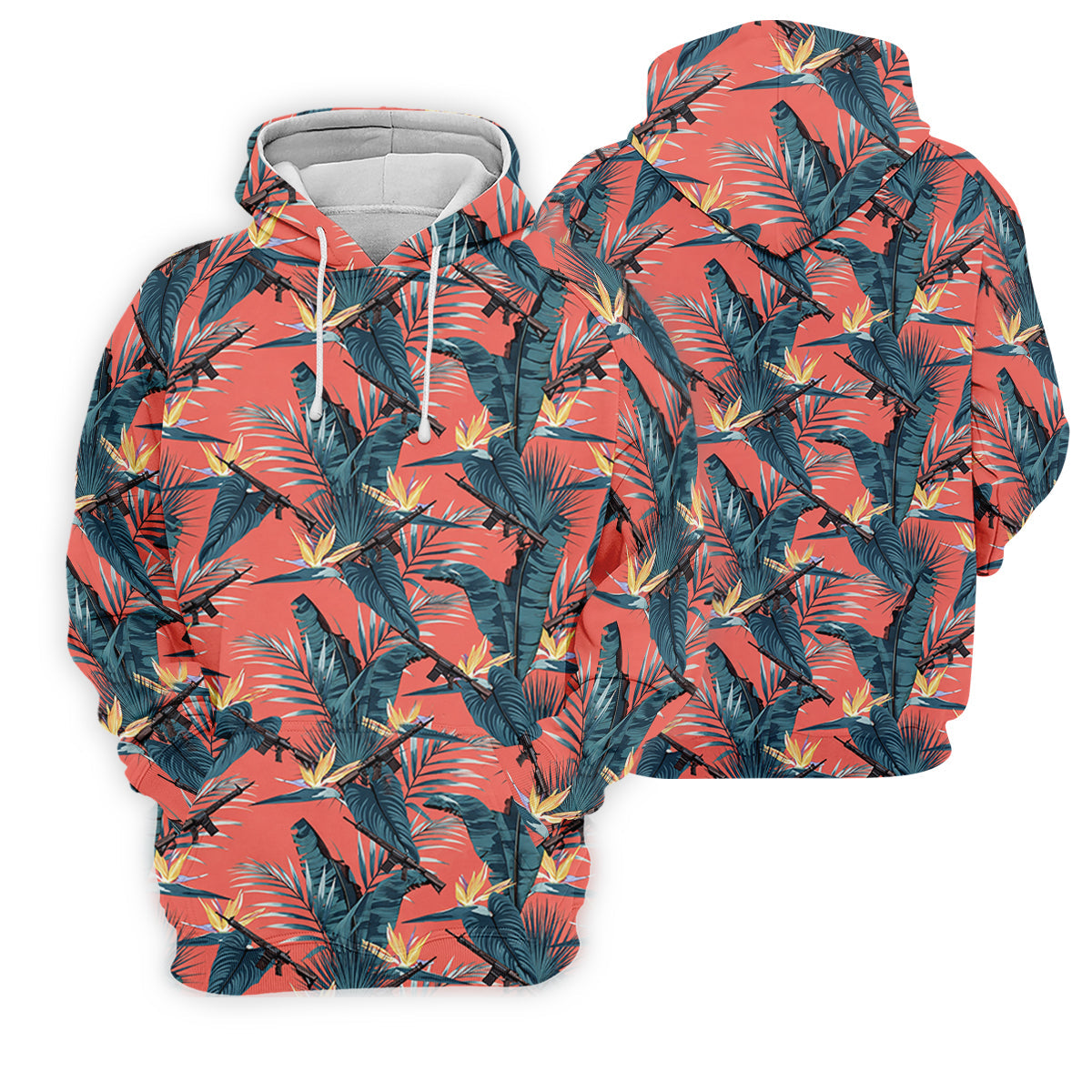 Tropical Palm Leaf And Rifle Pattern Coral Golf Polo, Printed Golf Shirts, Golf Apparel For Men