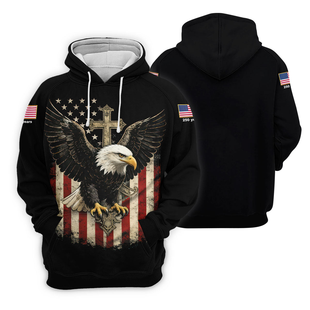 Faith Cross Bald Eagle And US Flag Black Golf Shirt, Patriotic 4th Of July Golf Shirts For Men