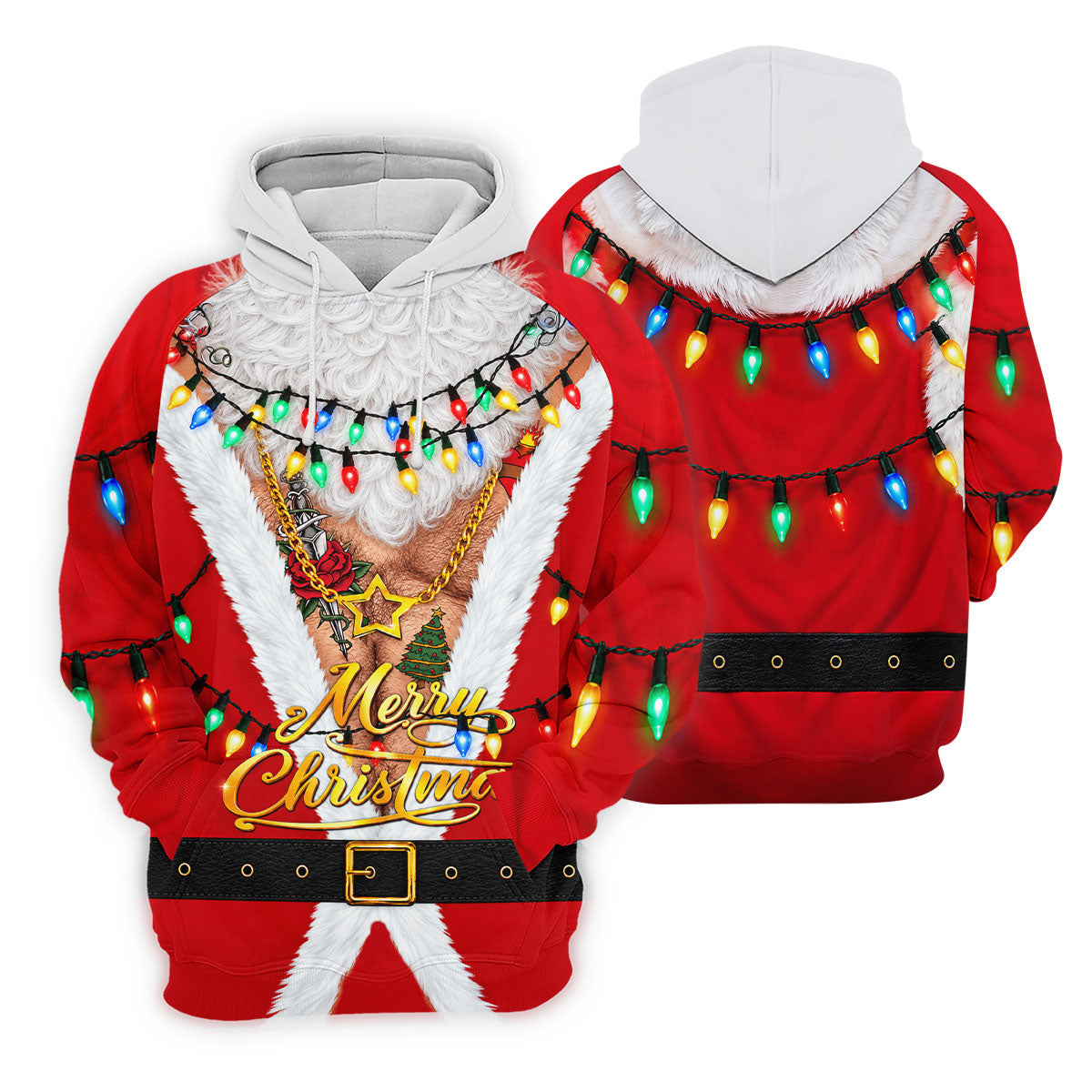 Merry Christmas Santa Lights Gold Chain Polo Shirt, Mens Golf Polo, Golf Shirts For Men