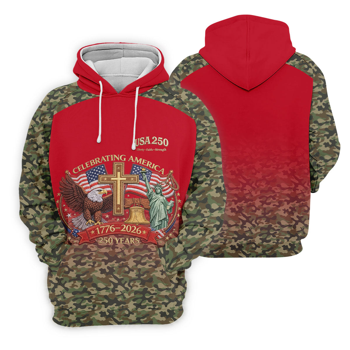 Liberty Faith Strength Faith Cross USA 250 Red Camo Golf Shirt, 4th Of July Golf Shirts For Men
