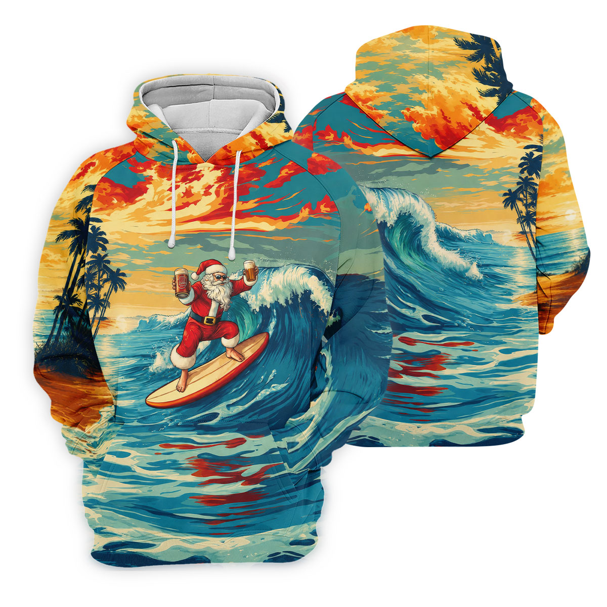 Tropical Surfing Santa Sunset Christmas Golf Shirt, Men's Golf Shirt, Hawaiian Golf Shirt