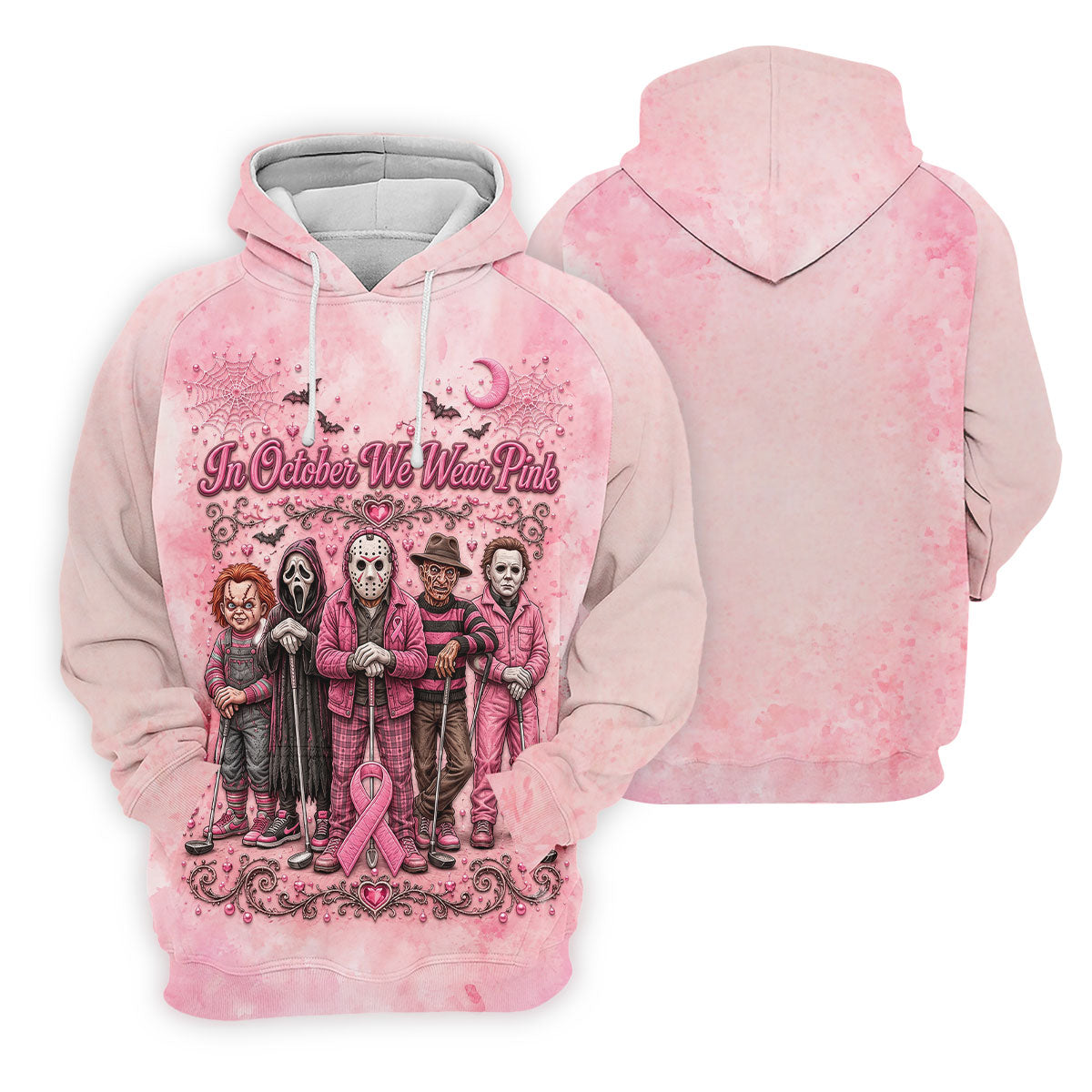 In October We Wear Pink Breast Cancer Horror Characters Golf Polo, Golf Shirts For Women