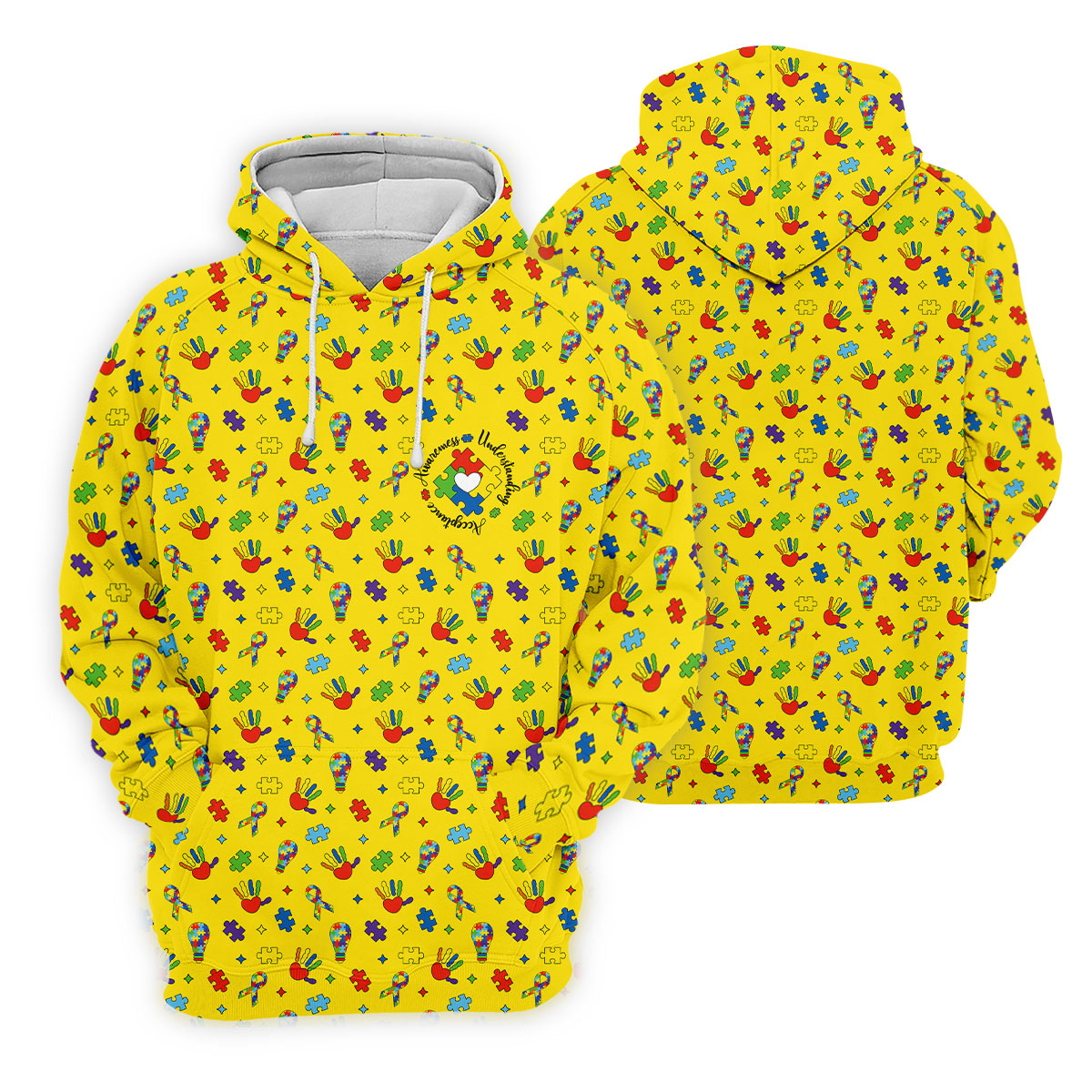 Awareness Understanding Acceptance Autism Ribbon Yellow Golf Shirt, Autism Awareness Colors Golf Shirts For Men