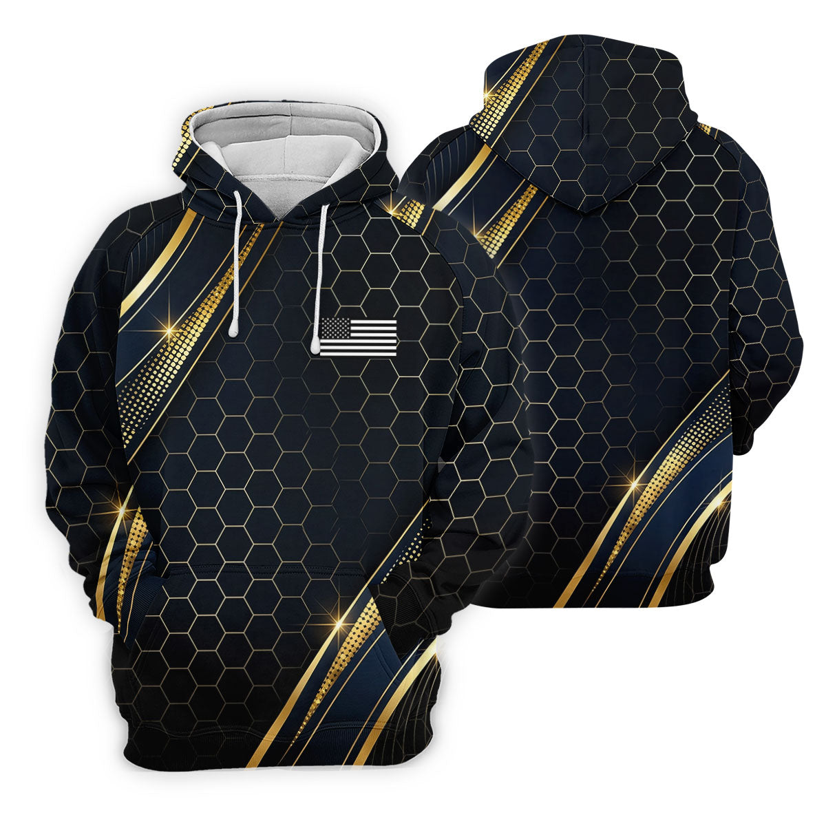 Gold Hexagonal US Flag Logo Retro Golf Shirt, 250 Years Patriotic 4th Of July Golf Shirts For Men