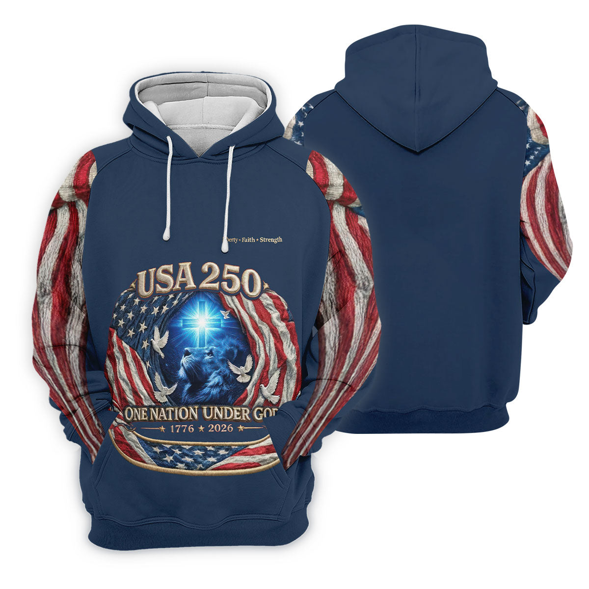 One Nation Under God Faith Cross USA 250 Navy Golf Shirt, 4th Of July Golf Shirt For Women