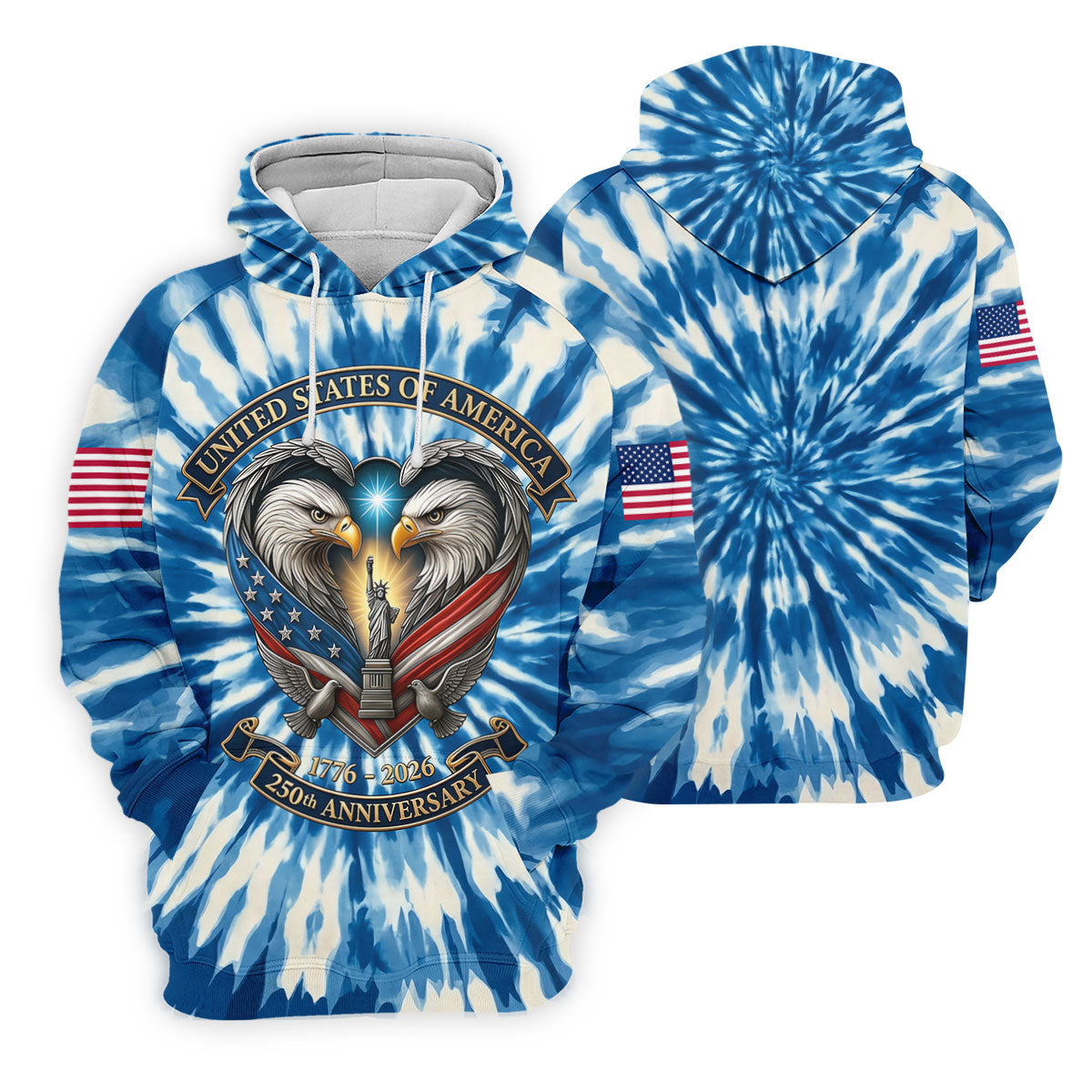 USA 250th Anniversary Tie Dye Print Bald Eagle Golf Shirt, Patriotic 4th Of July Golf Shirts For Men