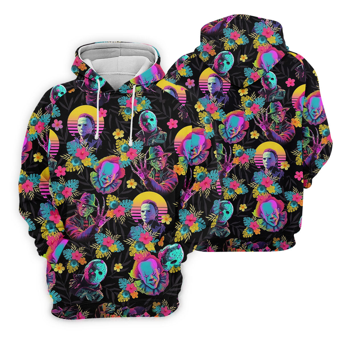 Neon Floral Halloween Horror Character Hawaiian Golf Shirt, Men's Golf Shirt, Mens Golf Polo
