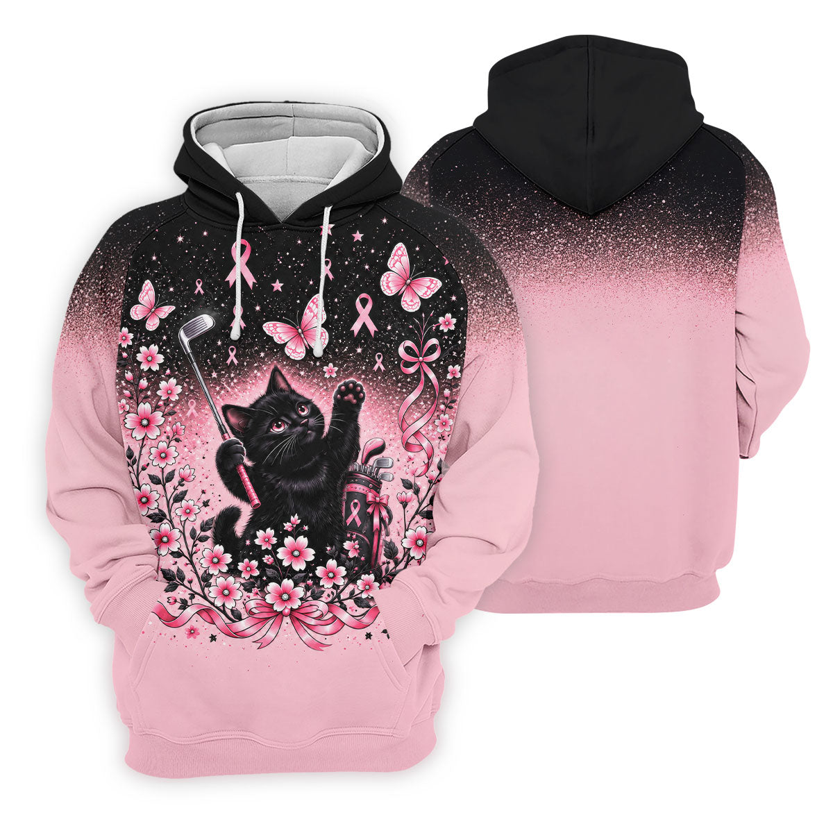 Black Cat Breast Cancer Ribbons Polo Shirt, Mens Golf Polo, Golf Apparel For Men