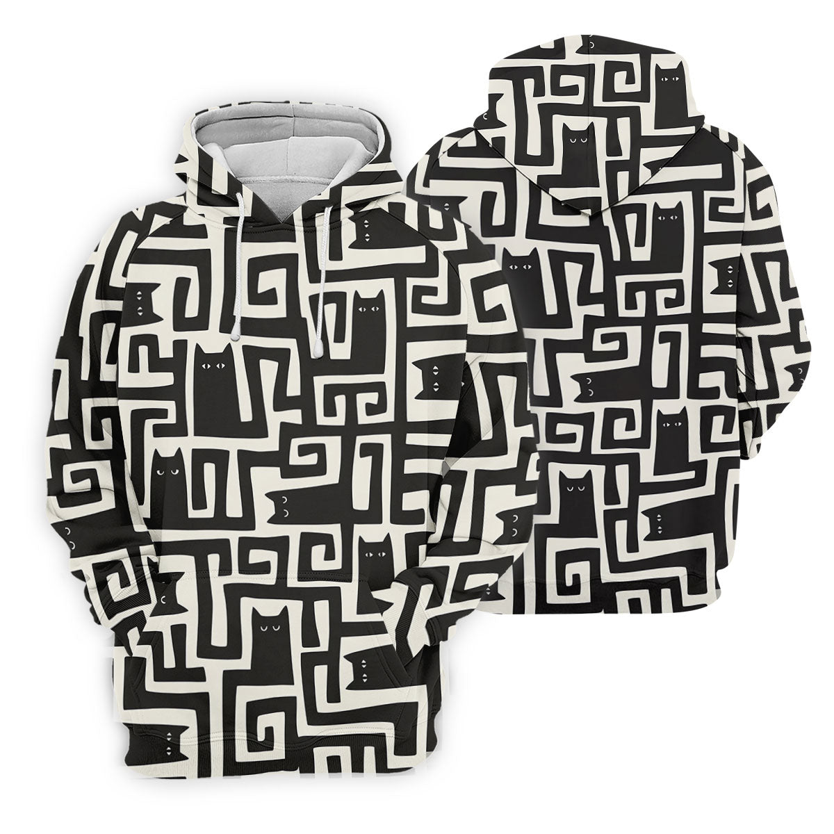 Minimalist Black Cat Maze Pattern Golf Polo Shirt, Women's Golf Tops, Golf Polo For Women