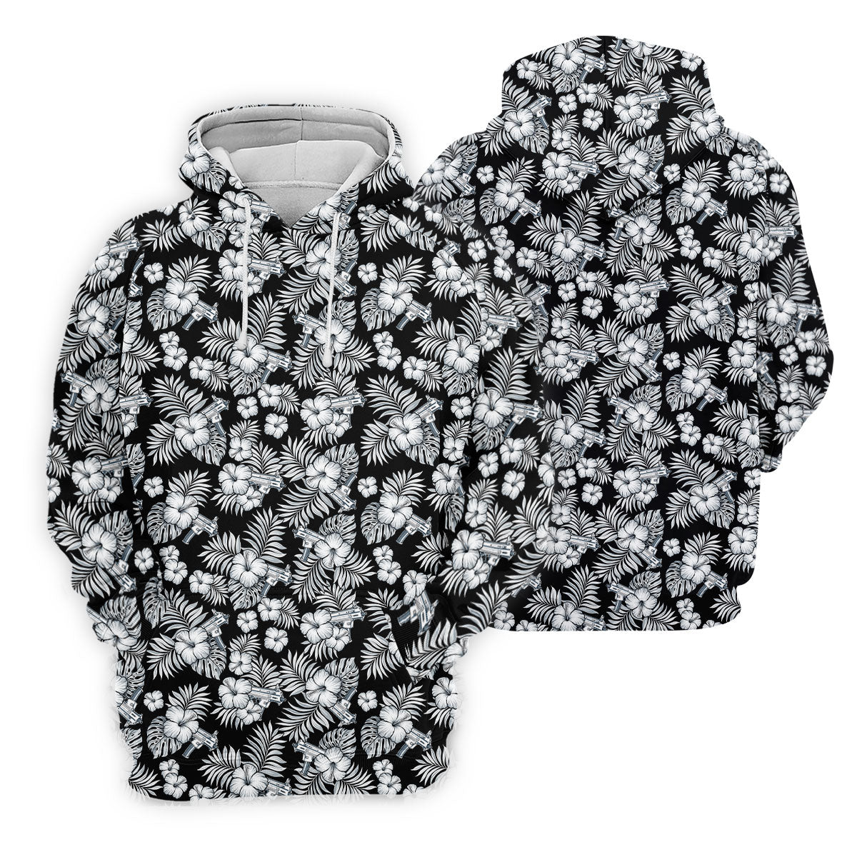 Black And White Pattern Tropical Hawaiian Golf Shirt, Summer Theme Golf Shirts For Men