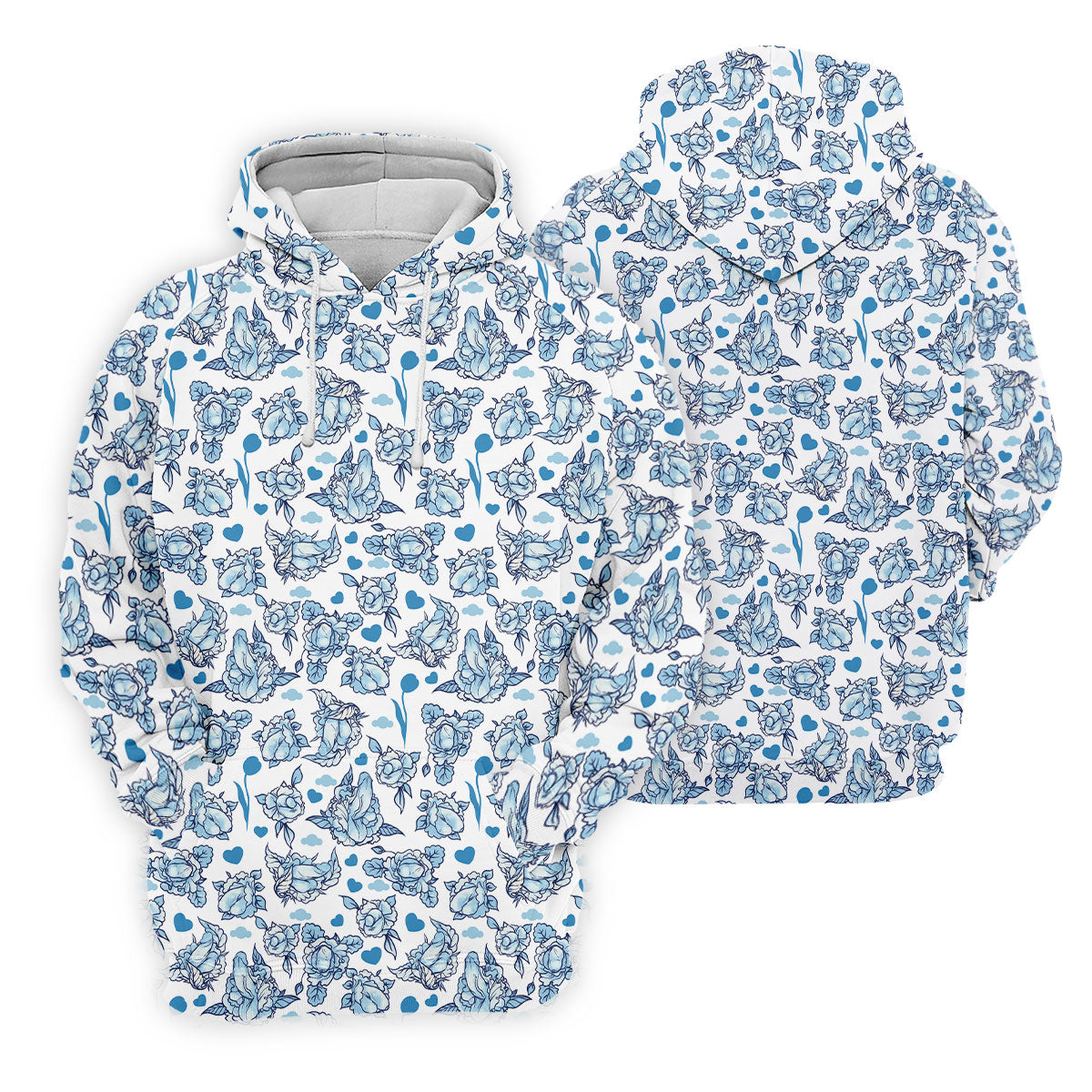 Blue Rose Floral Heart Pattern Golf Shirt, Polo Shirts For Men, Printed Golf Shirts