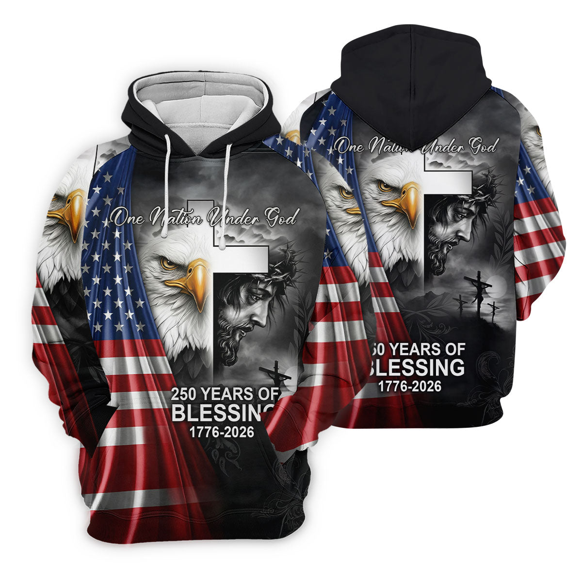 One Nation Under God 250 Years Of Blessing Faith Cross US Flag Golf Shirt, 4th Of July Golf Shirt For Women