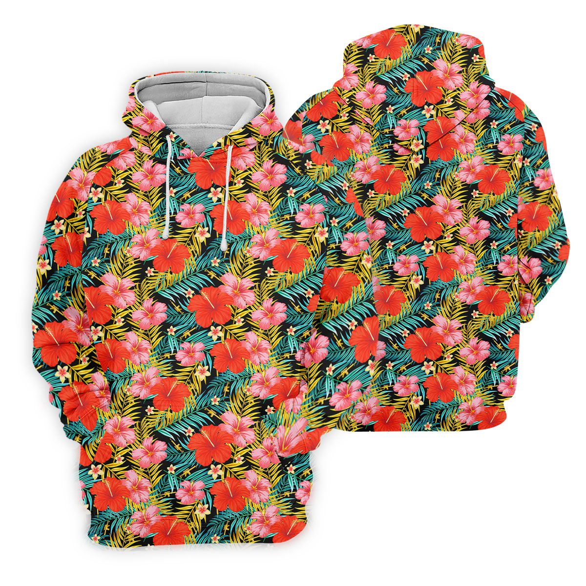 Red Hibicus Gold Palm Leaf Hawaiian Golf Shirt, Summer Theme Golf Shirts For Men