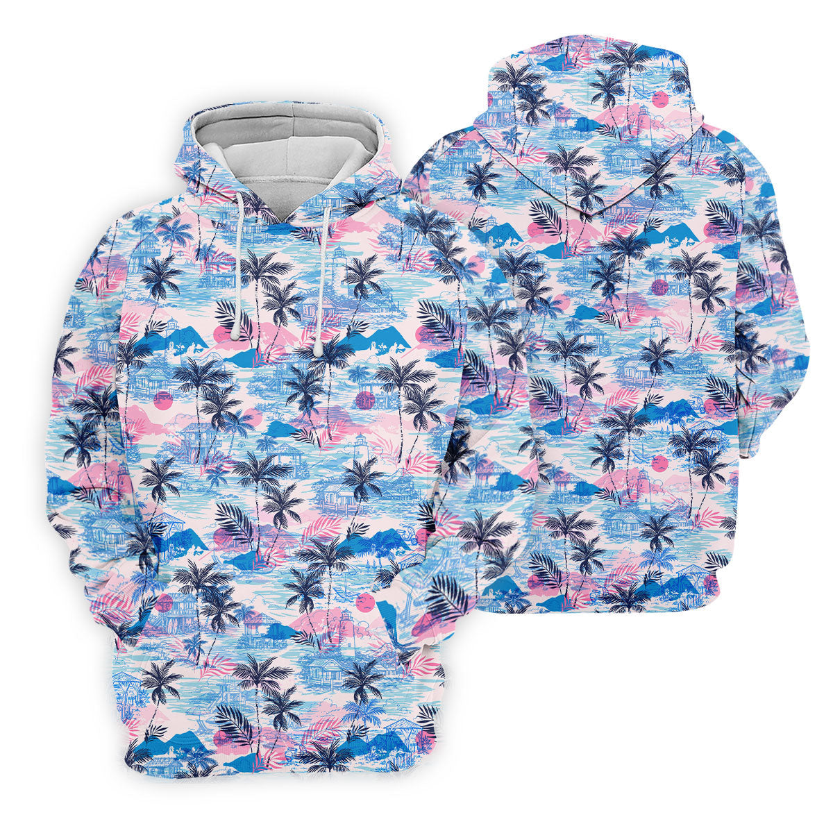 Tropical Island Sunset Pink And Blue Hawaiian Golf Shirt, Polo Shirts For Men, Golfing Apparel
