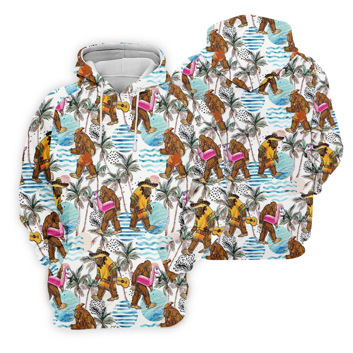 Bigfoot With Flamingo Float And Guitar Tropical Pattern Hawaiian Golf Polo, Golf Gift For Men, Golfing Apparel
