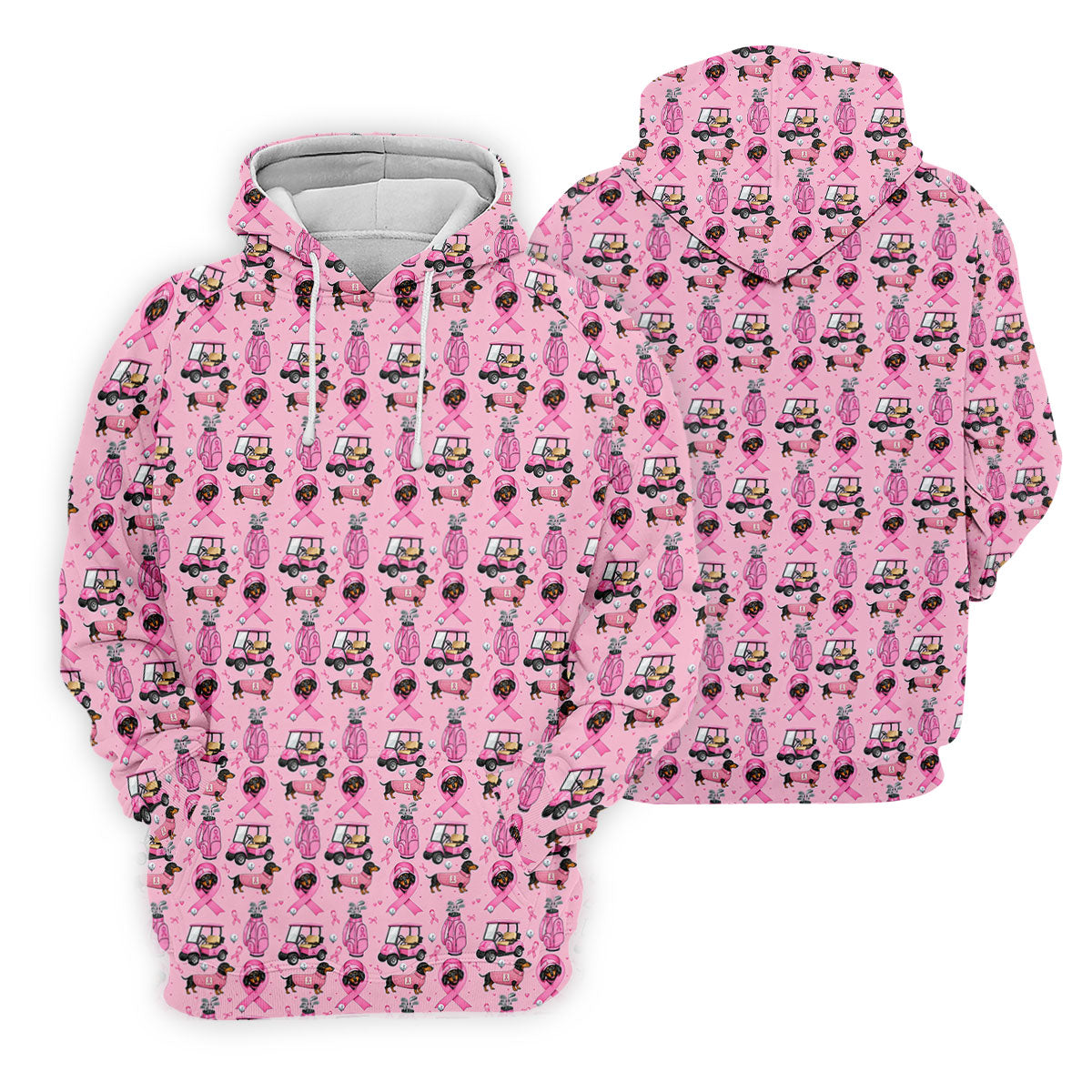 Cute Dog Golf Cart Breast Cancer Ribbon Polo Shirt, Ladies Golf Tops, Women’s Golf Polo