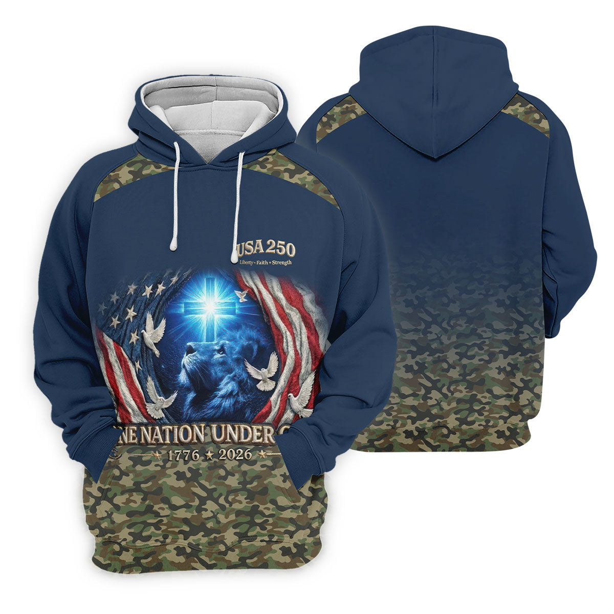 One Nation Under God Faith Cross USA 250 Navy Camo Golf Shirt, 4th Of July Golf Shirt For Women