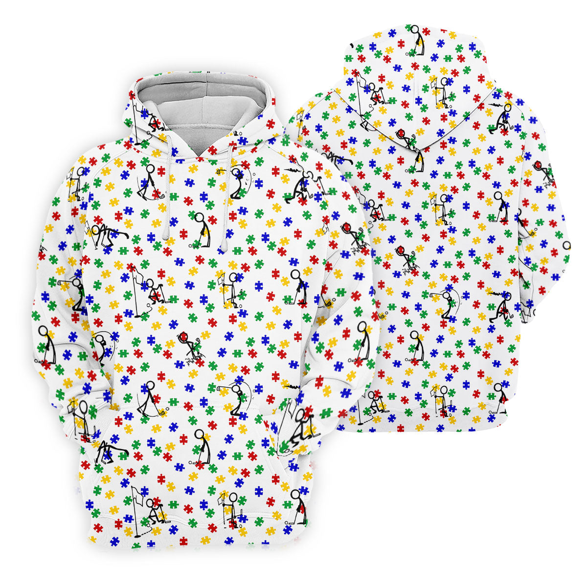 Funny Stick Figure Autism Puzzle Polo Shirts For Men, Autism Awareness Golf Shirt, Golfing Apparel