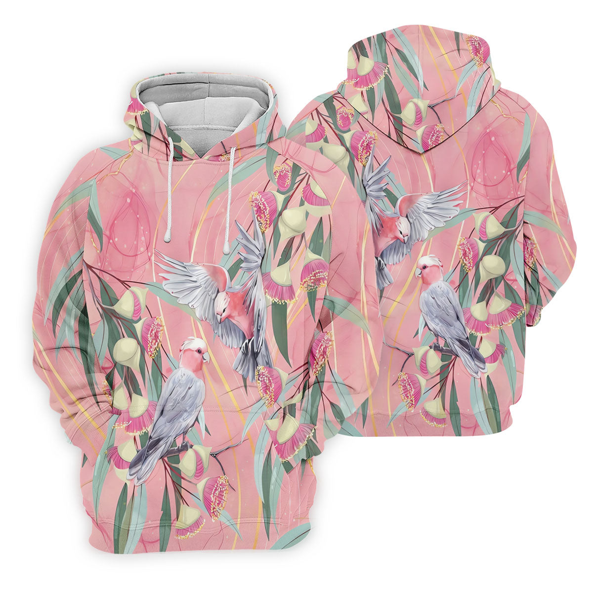 Pink Cockatoo Eucalyptus Floral Polo Shirt, Hawaiian Golf Shirt, Golf Shirts For Men