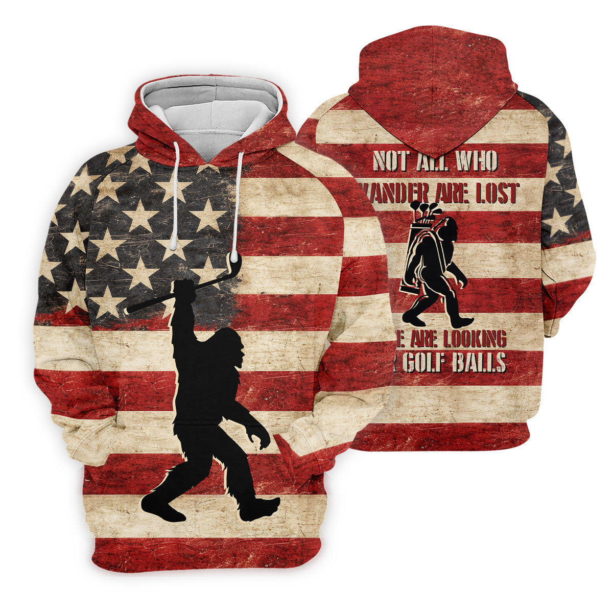 Vintage American Flag Bigfoot Golfer Polo Shirt, Mens Golf Polo, Golf Polo Shirts For Men