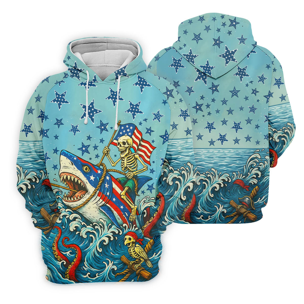 Skeleton Riding Shark Patriotic Golf Shirt, 4th Of July Golf Shirt, 250 Years Polo Shirts For Men