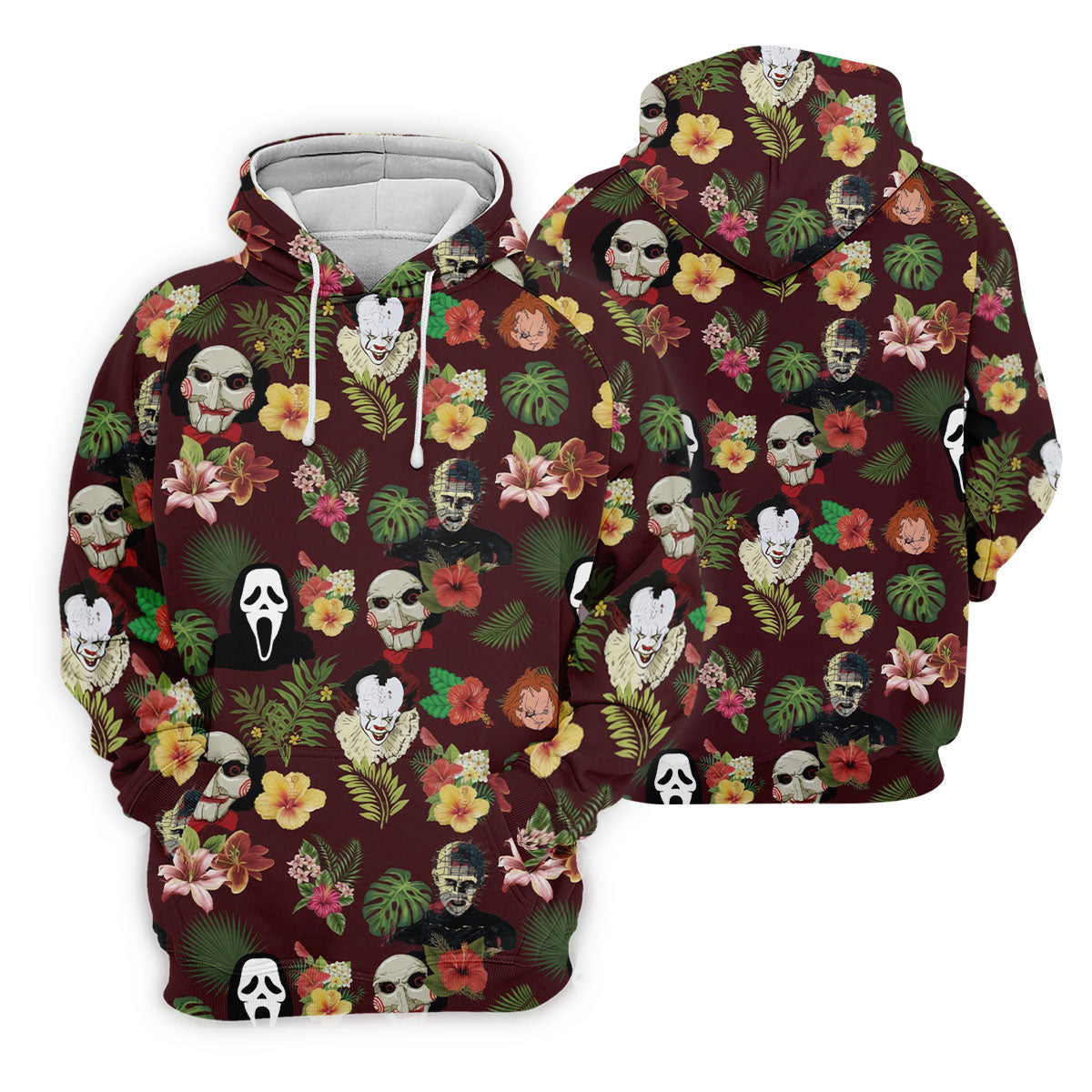 Floral Halloween Horror Character Hawaiian Golf Shirt, Men's Golf Shirt, Golf Polo Shirts For Men