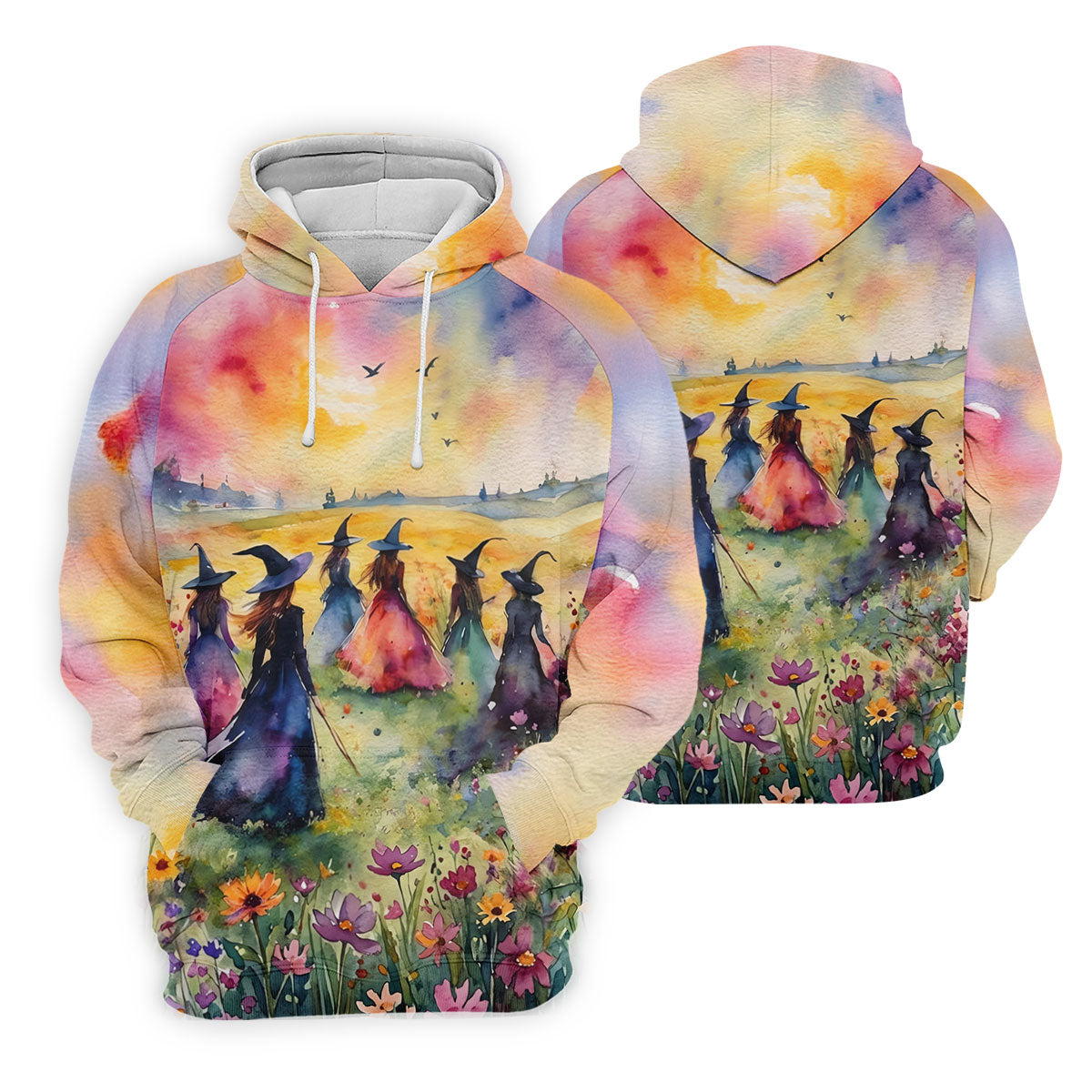 Watercolor Witch Gathering Halloween Golf Polo Shirt, Ladies Golf Tops, Women’s Golf Polo