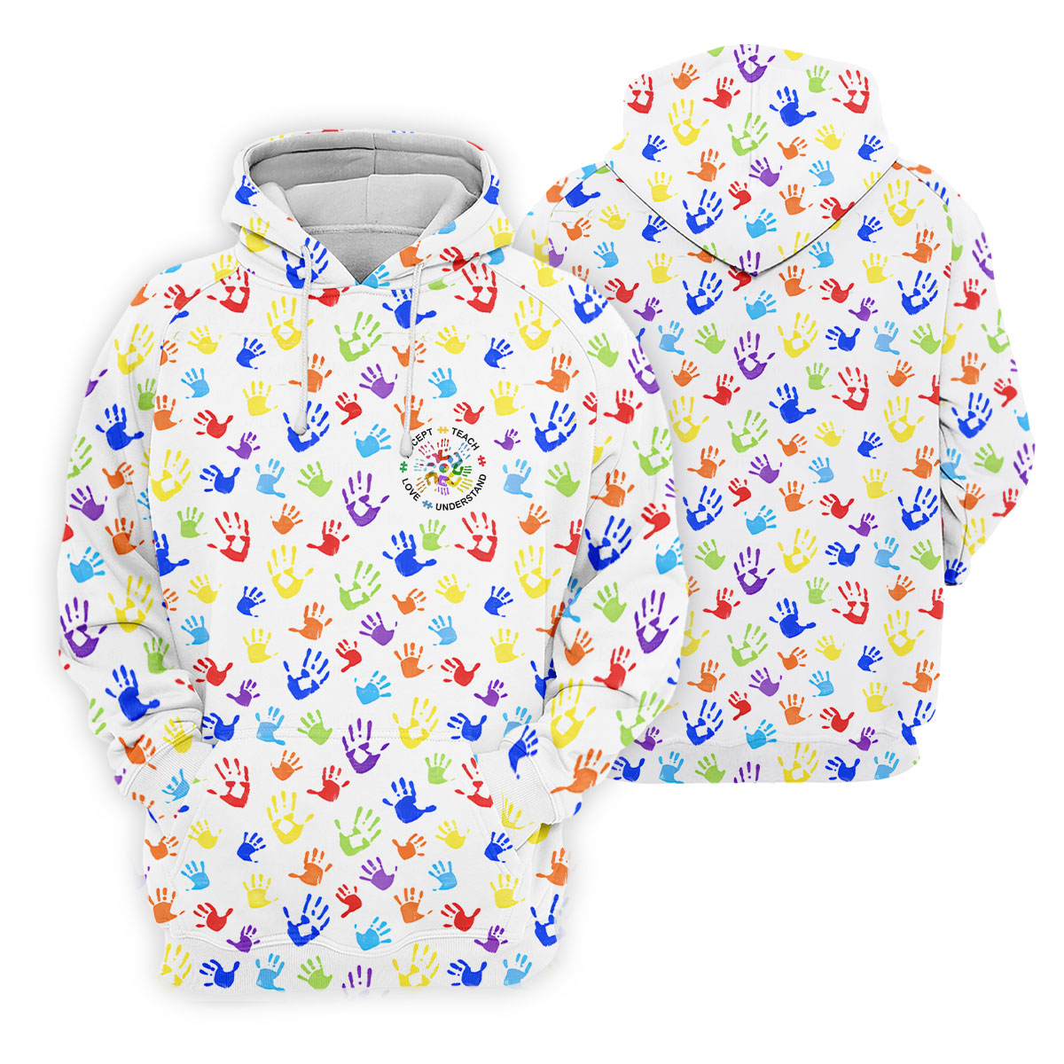 Accept Teach Understand Love Autism Awareness Colorful Handprint White Golf Shirt, Golf Shirts For Men
