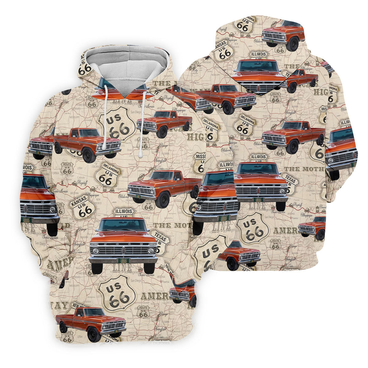 Custom Photo Truck Golf Shirt, Vintage Pickup Route 66 Map Pattern, Golf Shirt For Men