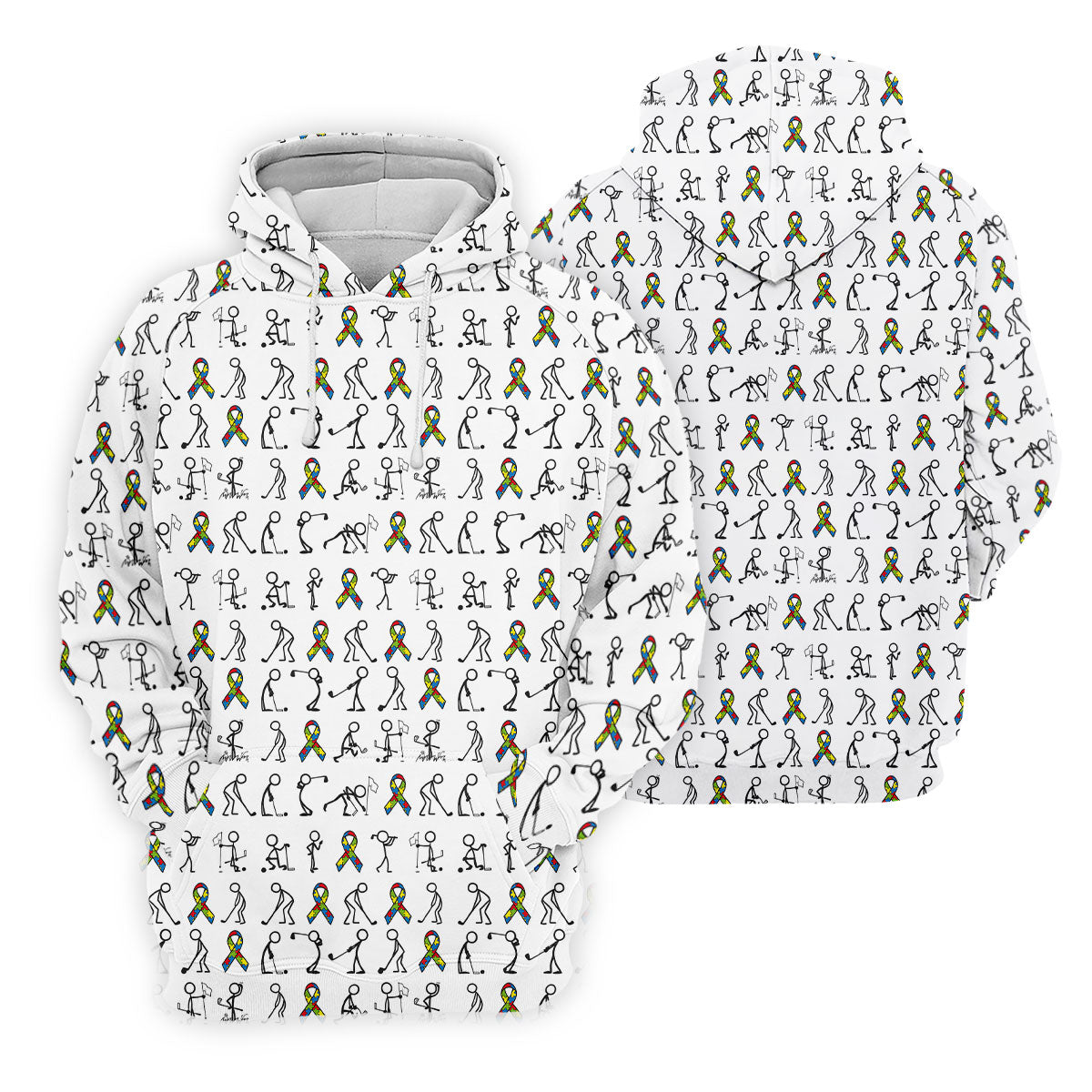 Stick Figure Golf Pose Autism Ribbon White Golf Shirt, Autism Awareness Colors Ladies Golf Polos