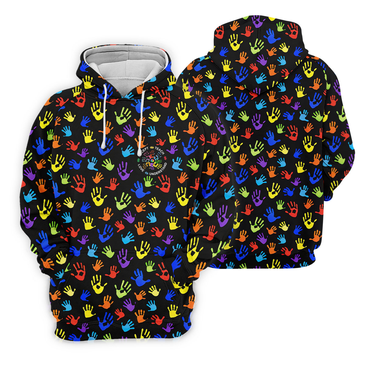 Accept Teach Understand Love Autism Awareness Colorful Handprint Black Golf Shirt, Golf Shirts For Men