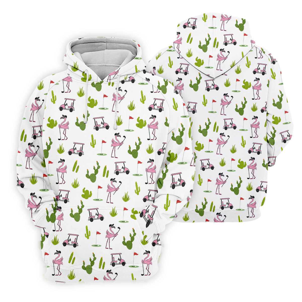 Pink Flamingo Golf Cart Cactus Hawaiian Golf Shirt, Mens Golf Polo, Golf Apparel For Men