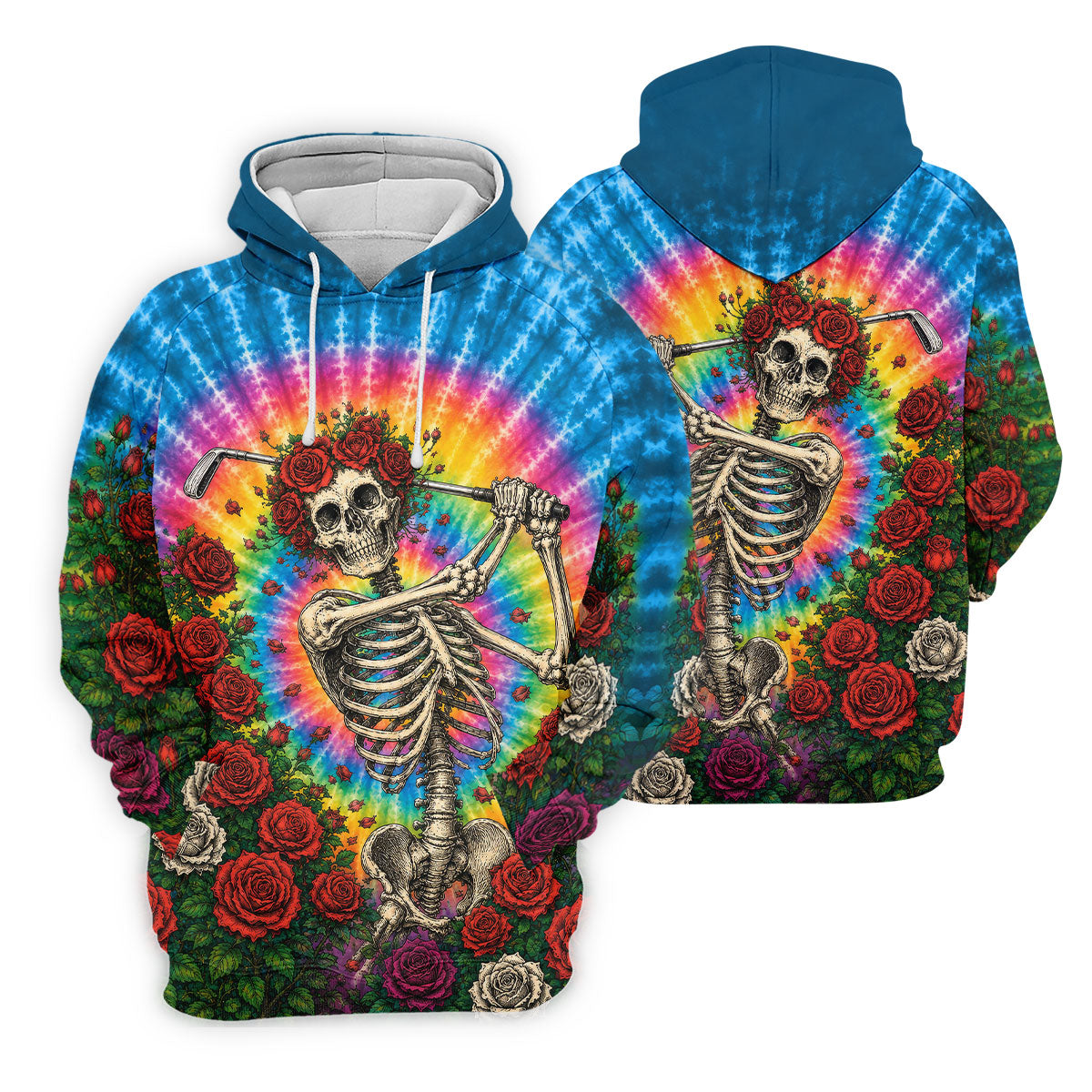 Rose Tie Dye Skeleton Golfer Halloween Polo Shirt, Mens Golf Shirts, Printed Golf Shirts