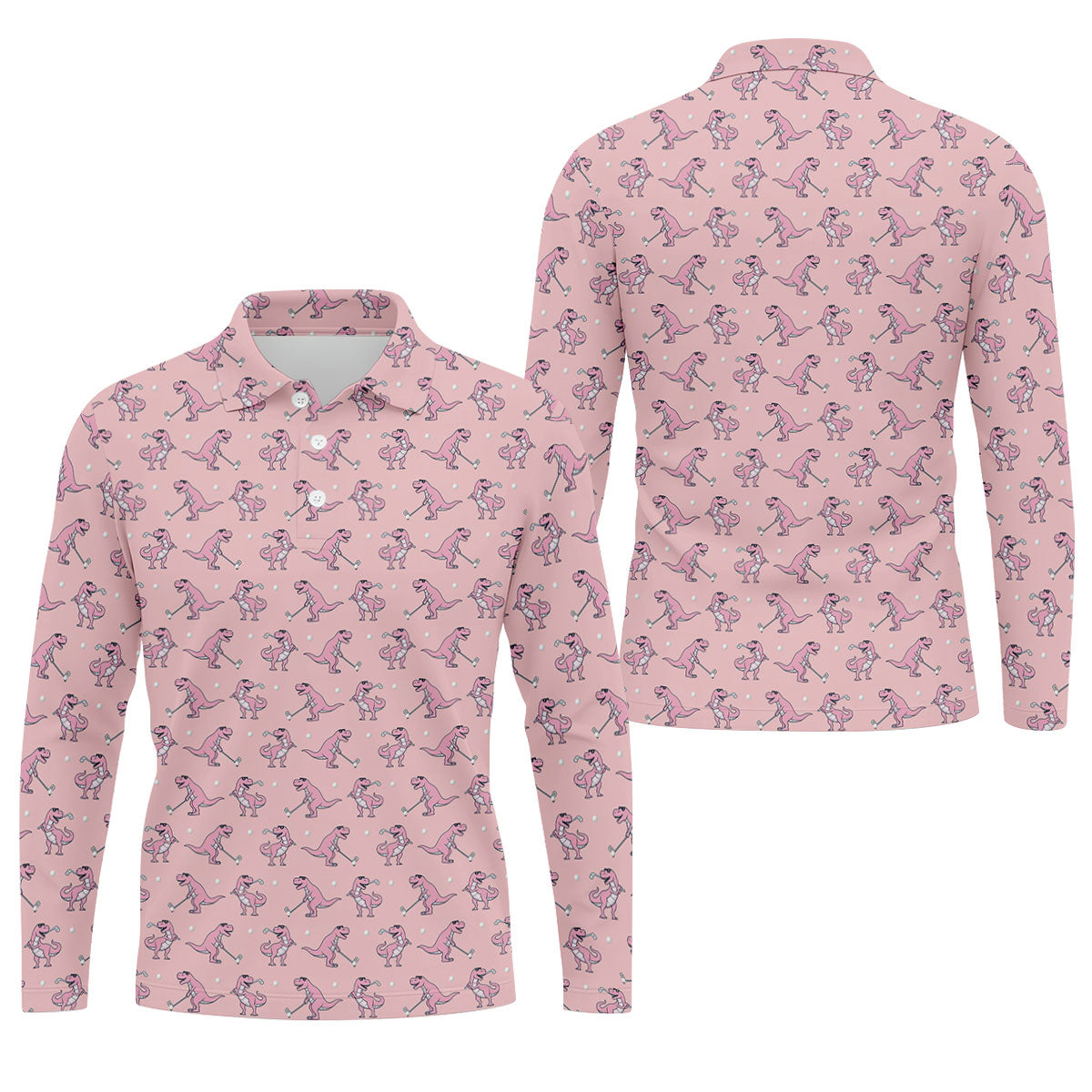 Pink T-Rex Dinosaur Golfer Pattern Golf Polo Shirt, Golf Shirts For Men, Mens Golf Apparel