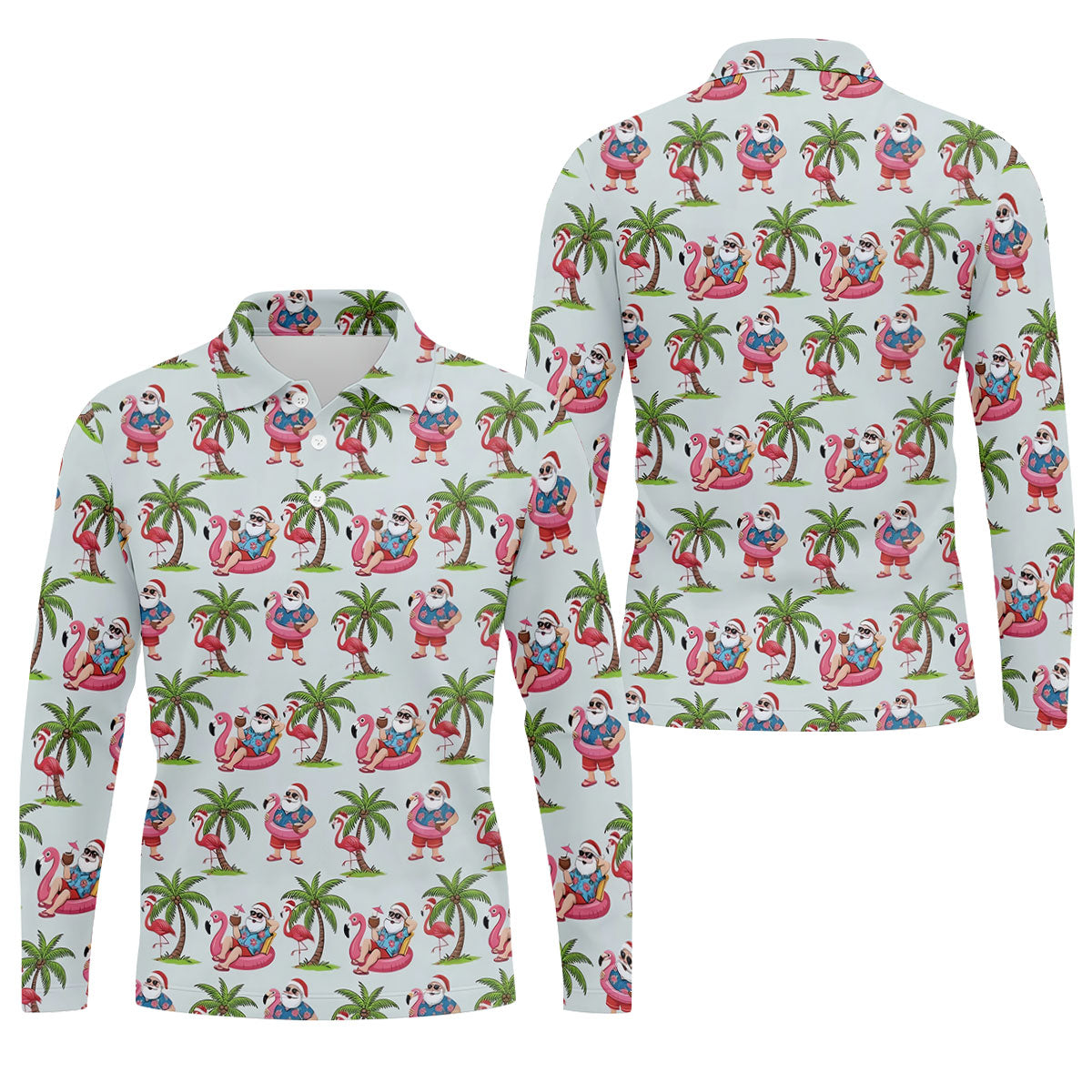 Tropical Santa Flamingo Beach Golf Polo, Christmas Golf Shirt, Golf Apparel For Men