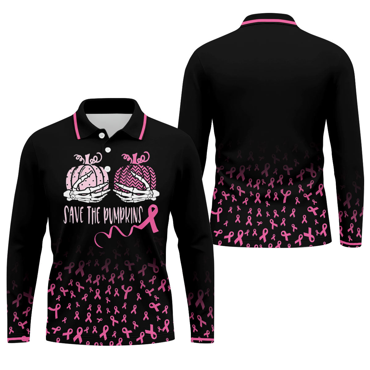 Save The Pumpkins Skeleton Breast Cancer Polo Shirt, Mens Golf Polo, Printed Golf Shirts