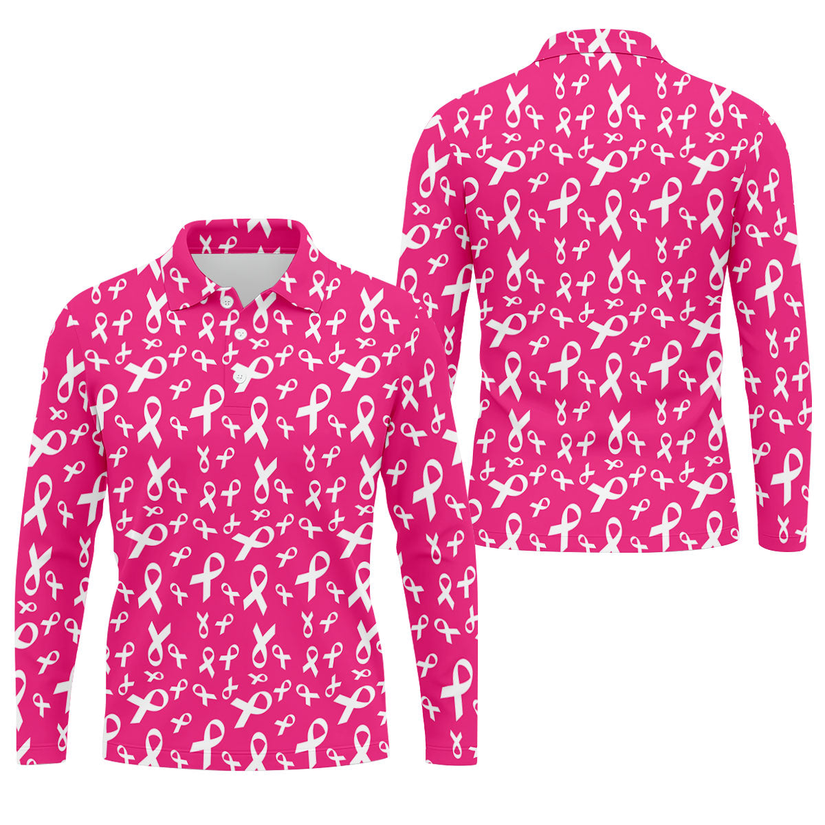 Hot Pink Breast Cancer Awareness Ribbon Polo Shirt, Mens Golf Polo, Printed Golf Shirts