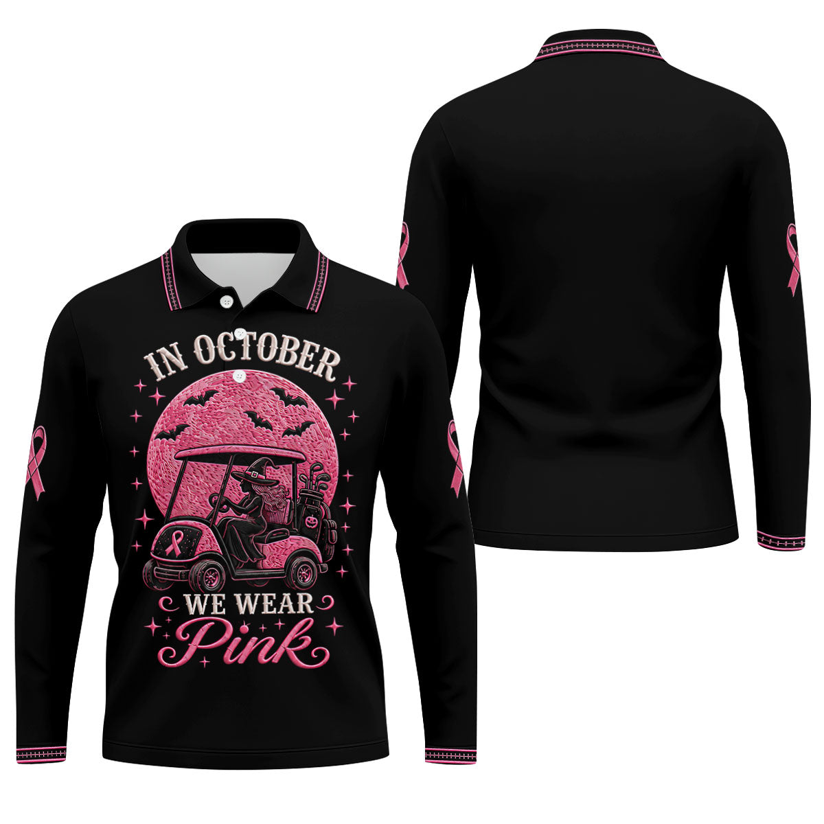 In October We Wear Pink Witch Breast Cancer Polo Shirt, Mens Golf Apparel, Printed Golf Shirts