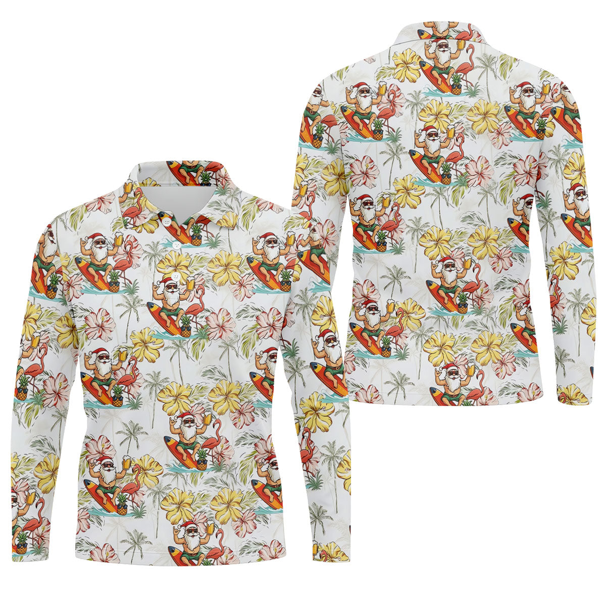 Surfing Santa Tropical Christmas Golf Polo Shirt, Golf Shirts For Men, Printed Golf Shirts