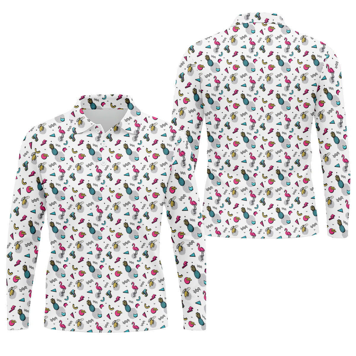 White Retro Summer Flamingo Pattern Golf Polo Shirt, Men's Golf Shirt, Golf Polo Shirts For Men