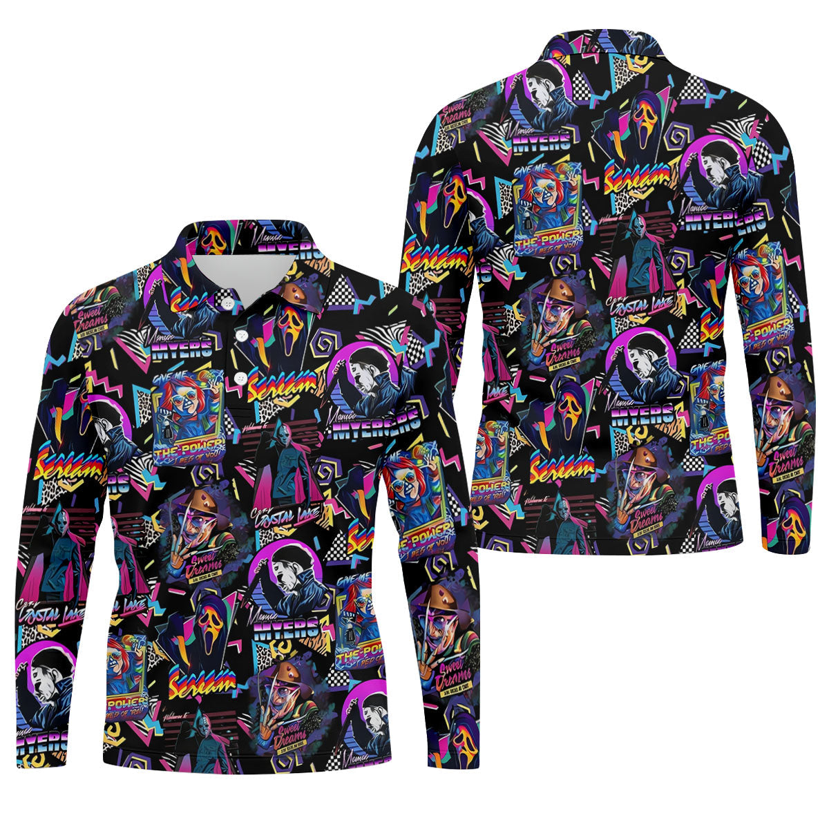 Retro Halloween Horror Character Hawaiian Golf Shirt, Men's Golf Shirt, Golf Polo Shirts For Men