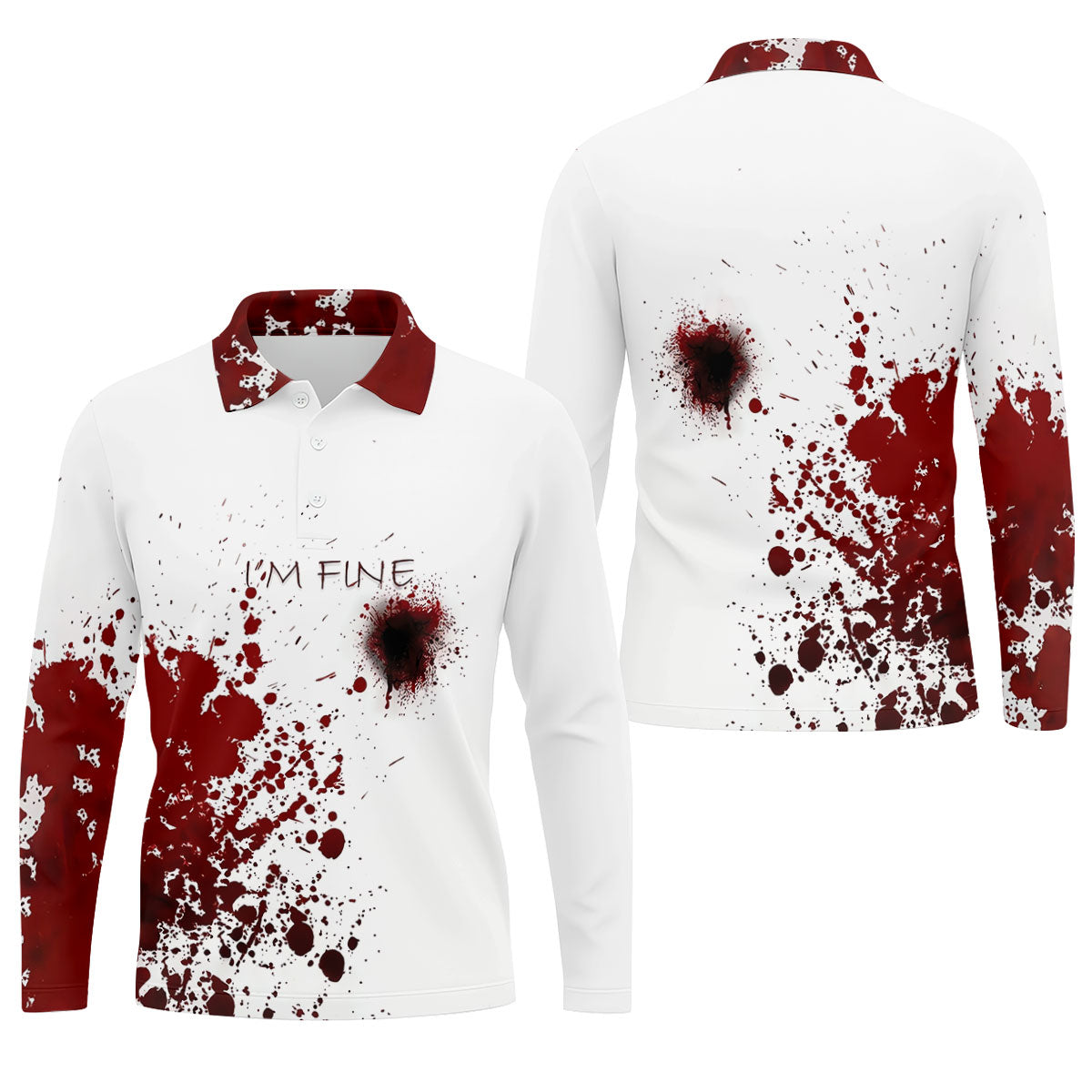 I'm Fine Bloody Splatter Horror Halloween Golf Polo Shirt, Mens Golf Shirts, Printed Golf Shirts