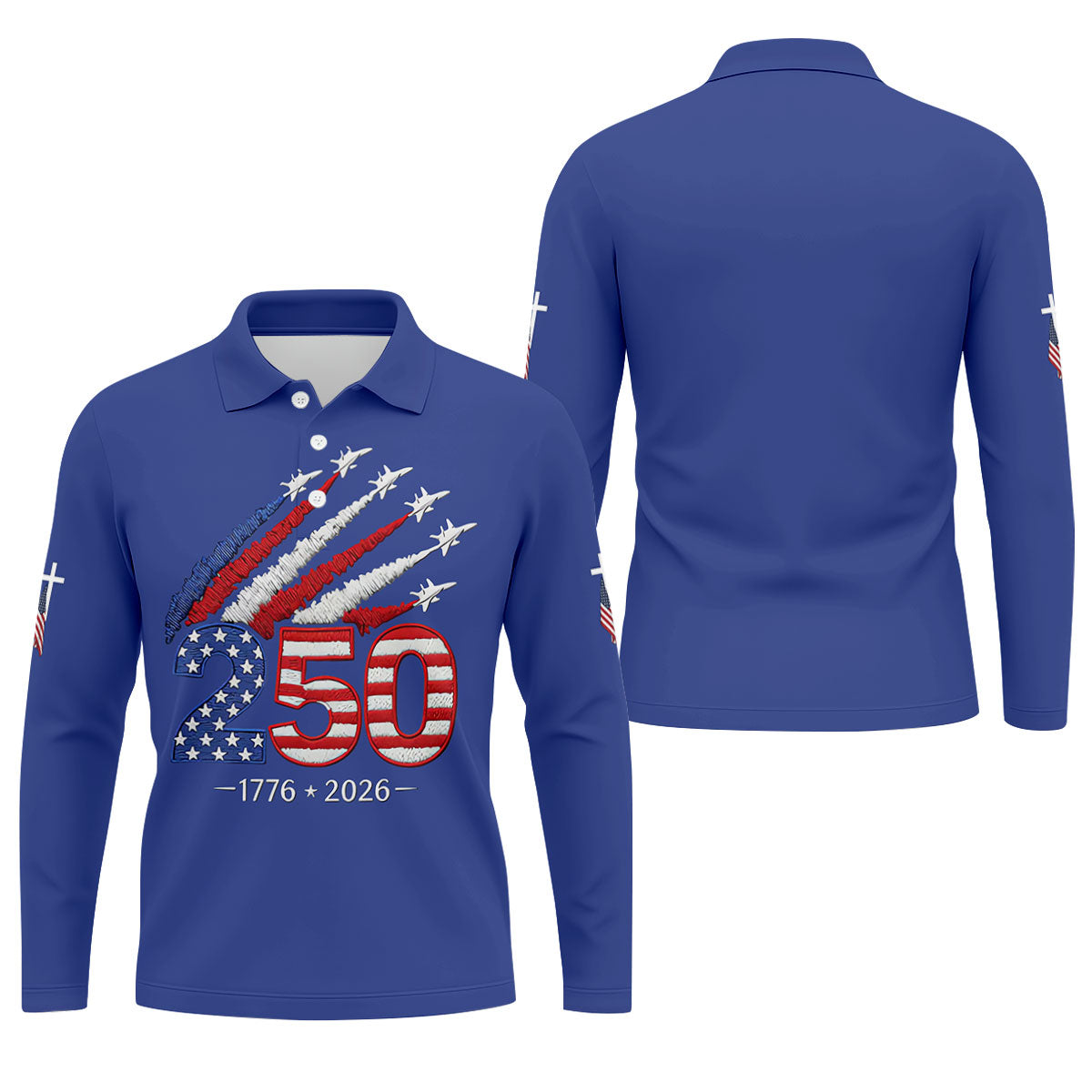 Flying Fighter Jets Faith Cross Patriotic 4th Of July Blue Golf Shirt, 250 Years Golf Shirts For Men