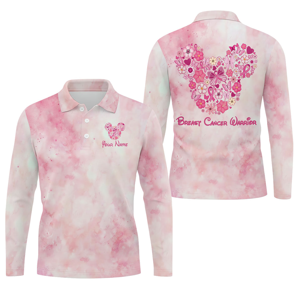 Custom Floral Heart Breast Cancer Polo Shirt, Golf Shirts For Men, Mens Golf Apparel