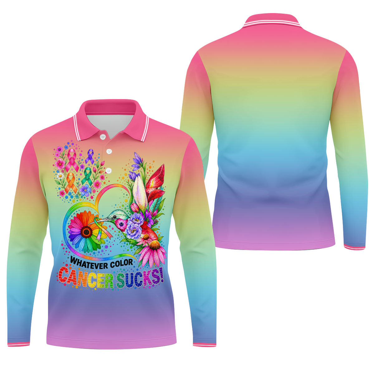 Whatever Color Cancer Sucks Hummingbird Polo Shirt, Mens Golf Polo, Men's Golf Shirt