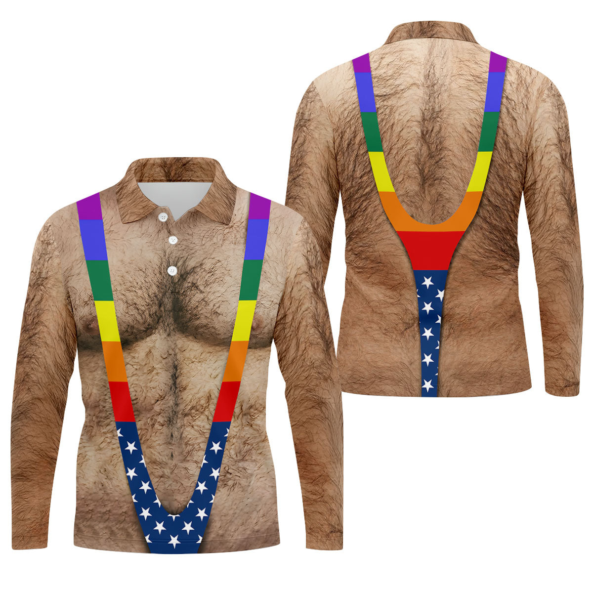 Funny Hairy Chest Rainbow Suspenders Golf Polo, Golf Shirts For Men, Mens Golf Apparel