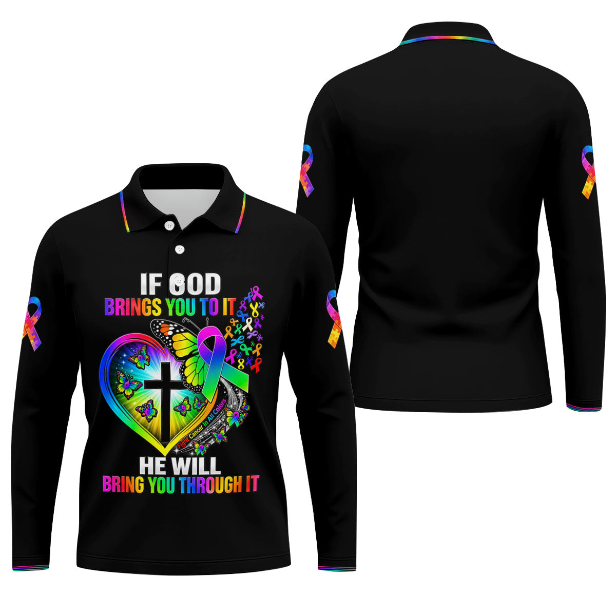 If God Brings You To It Butterfly Cancer Polo Shirt, Mens Golf Polo, Men's Golf Shirt